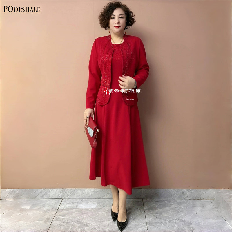 高贵中年妈妈装婚礼连衣裙两件套装春秋喜婆婆结婚礼服喜服连衣裙