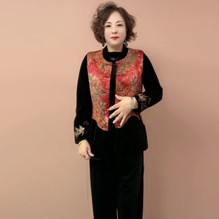 秋冬中年妈妈国风洋气丝绒加厚夹棉马夹时尚宽松大码马甲坎肩套装