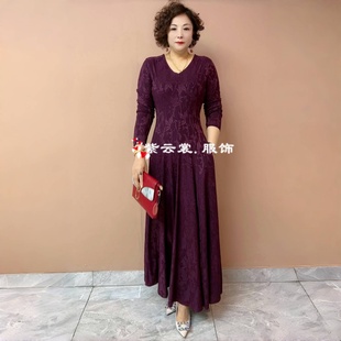 春秋长袖连衣裙V领十大片裙摆式裙子中年妈妈装广场舞提花长裙子