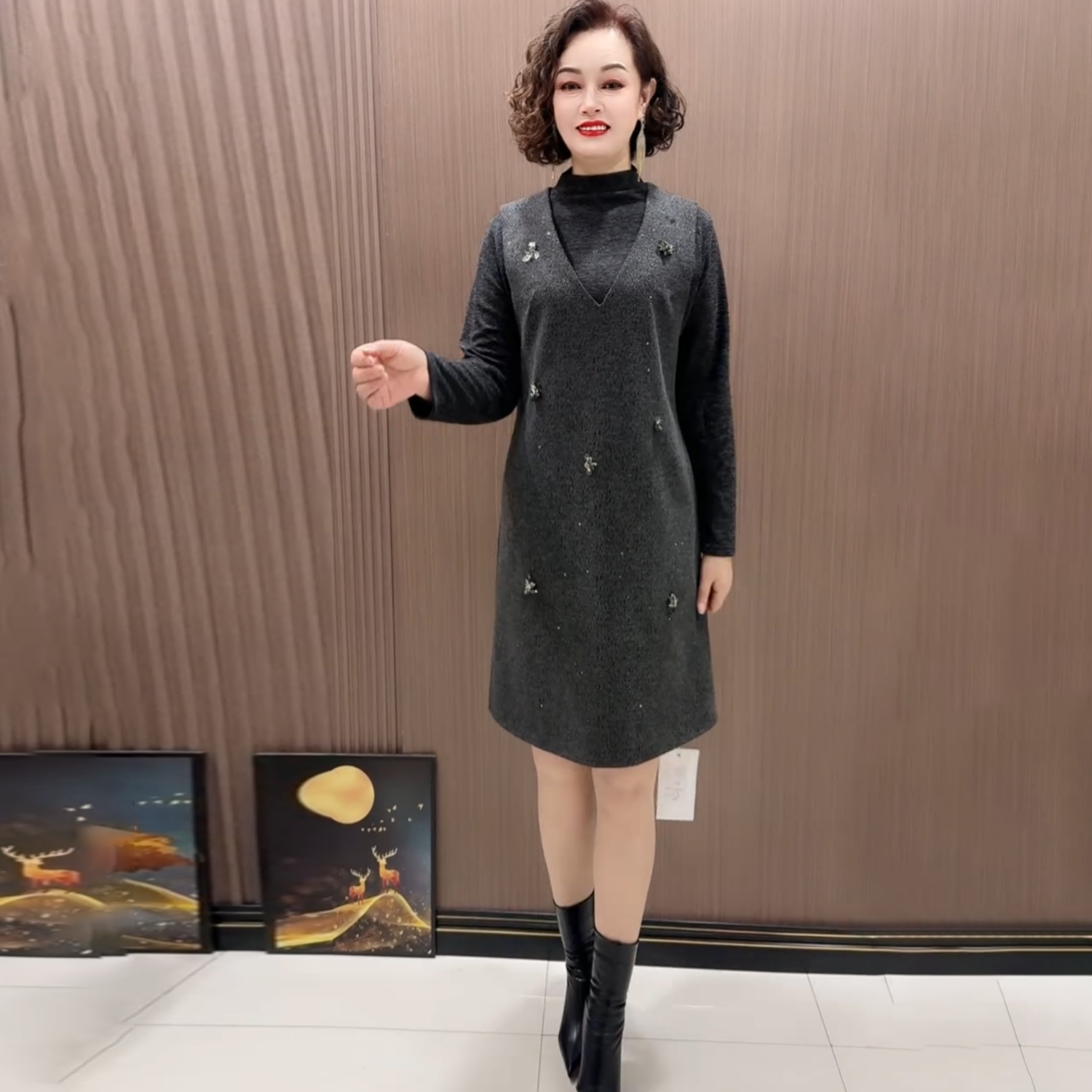 春装新款时尚洋气小个子妈妈连衣裙宽松遮肉显瘦气质中长款两件套