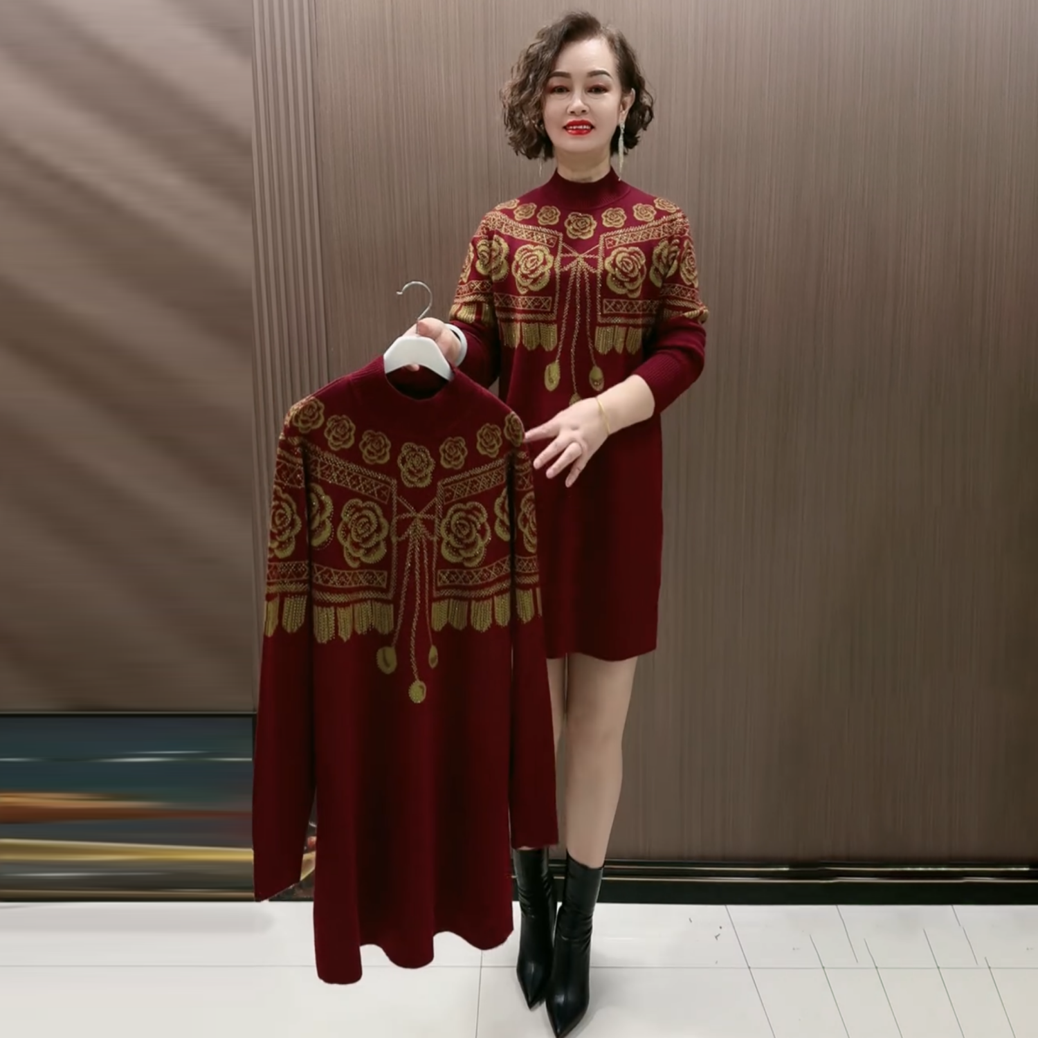 秋冬新款毛衣半高领中长款毛衫宽松大码中老年妈妈打底针织连衣裙