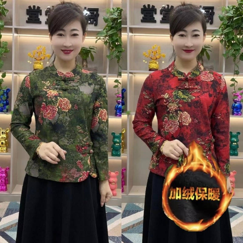 民族风冬季加绒保暖中老年妈妈上衣盘扣立领长袖短款加厚小衫上衣