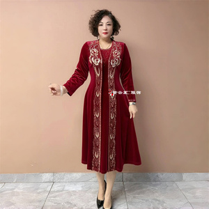 高贵中年妈妈婚礼连衣裙两件套金丝绒喜婆婆敬酒服长款风衣套装女
