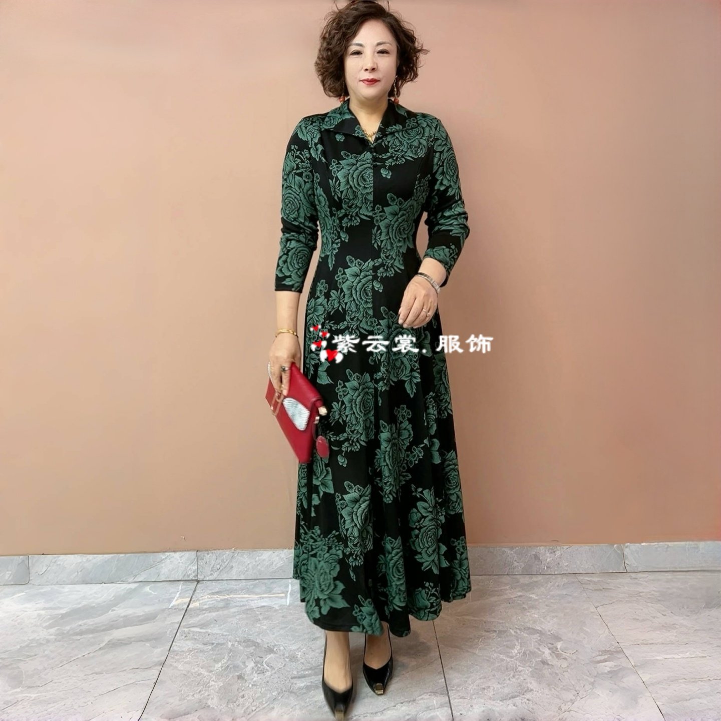 秋冬时尚洋气高弹连衣裙中老年妈妈牡丹花翻领加肥加大长裙大摆裙