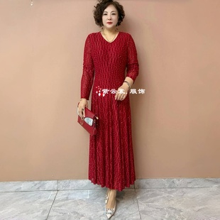 阔太太中年妈妈春秋长袖连衣裙气质台湾纱烫钻不断腰弹力大摆长裙