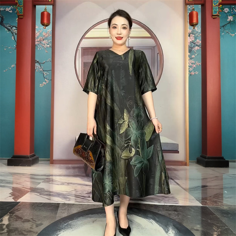 国风复古旗袍裙妈妈时尚气质V领连衣裙宽松大码醋酸真丝200斤长裙