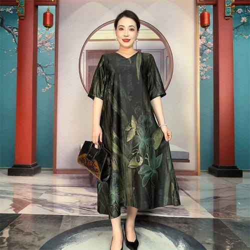国风复古旗袍裙妈妈时尚气质V领连衣裙宽松大码醋酸真丝200斤长裙