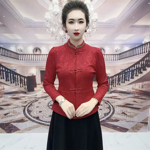 高端中老年妈妈加厚提花加绒保暖上衣本命年红色改良旗袍开衫外套