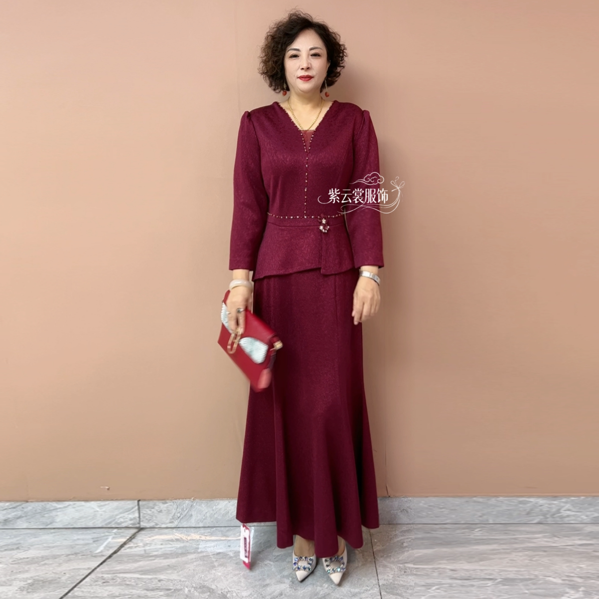 高端气质中年妈妈装喜婆婆假两件连衣裙春秋V领洋气婚宴鱼尾长裙