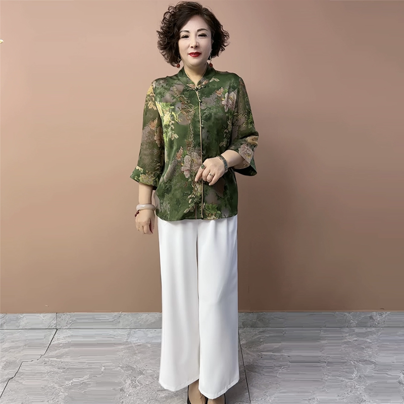 春夏国风真丝衬衫时尚洋气妈妈宽松遮肉旗袍衫七分袖开衫外套上衣