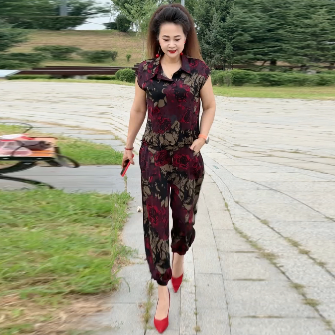 夏季新款短袖冰麻洋气宽松显瘦翻领上衣时尚洋气大码休闲两件套女
