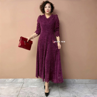 长裙 妈妈装 贵夫人秋冬新款 蕾丝连衣裙遮肉显瘦中老年弹力气质大码