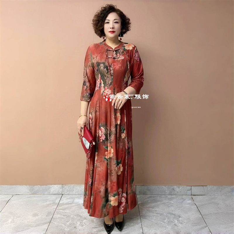 中年妈妈装夏季国风流苏连衣裙高贵气质珠光缎碎花弹力大摆长裙女