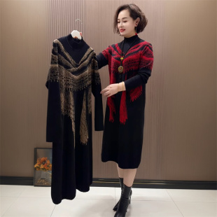 中年妈妈过膝针织羊毛连衣裙宽松大码 过膝打底毛衣裙 高端轻奢长款