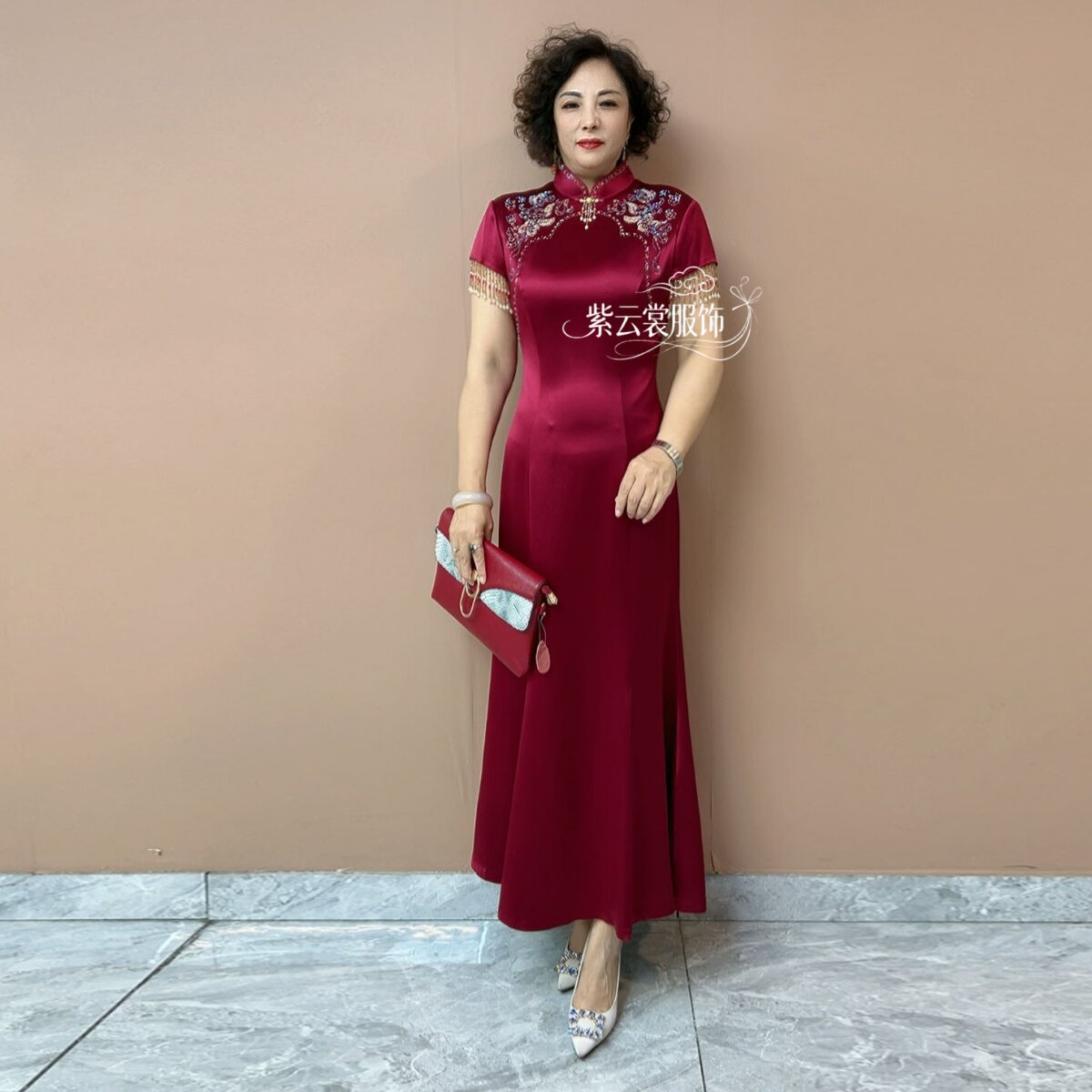 高端喜妈妈旗袍新款醋酸礼服气质喜婆婆婚宴结婚喜服敬酒服连衣裙
