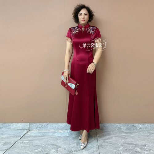 高端喜妈妈旗袍新款醋酸礼服气质喜婆婆婚宴结婚喜服敬酒服连衣裙