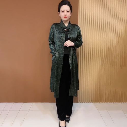 高贵气质国风新款妈妈装醋酸提花中长款开衫宽松大码防晒风衣外套