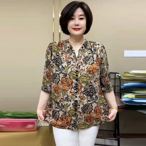 七分袖真丝宽松大码衬衫