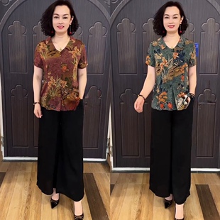夏季桑蚕丝衬衫娃娃领真丝短袖上衣黑色阔腿裤小个子妈妈装两件套