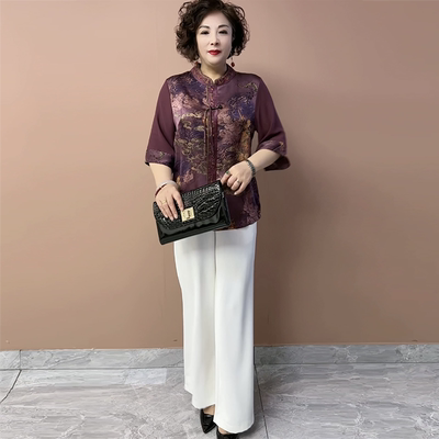 高端夏季时尚中老年妈妈装七分袖醋酸衬衫宽松显瘦上衣洋气旗袍衫