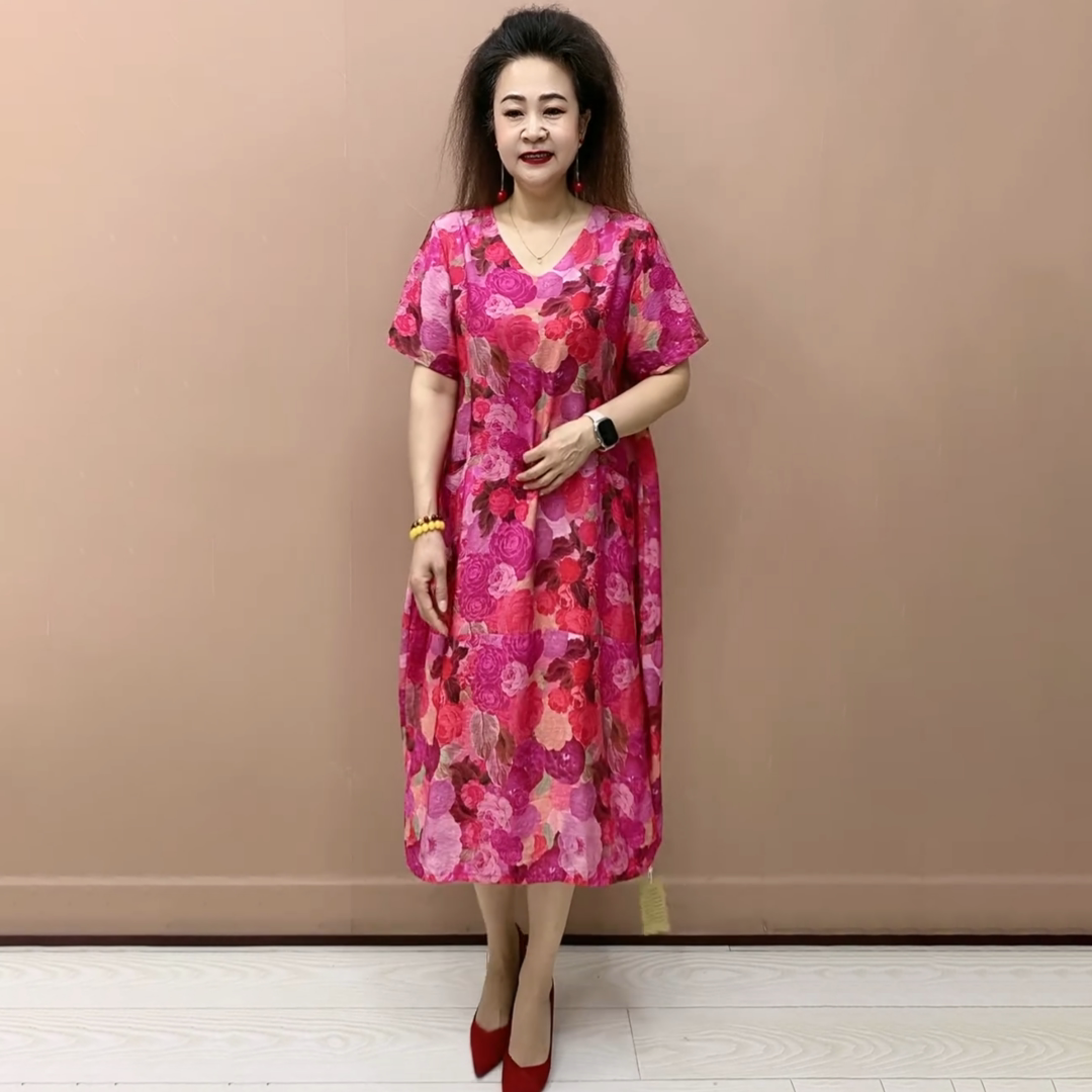 中老年夏装中长款加肥大码宽松休闲天丝棉印花v领短袖洋气连衣裙