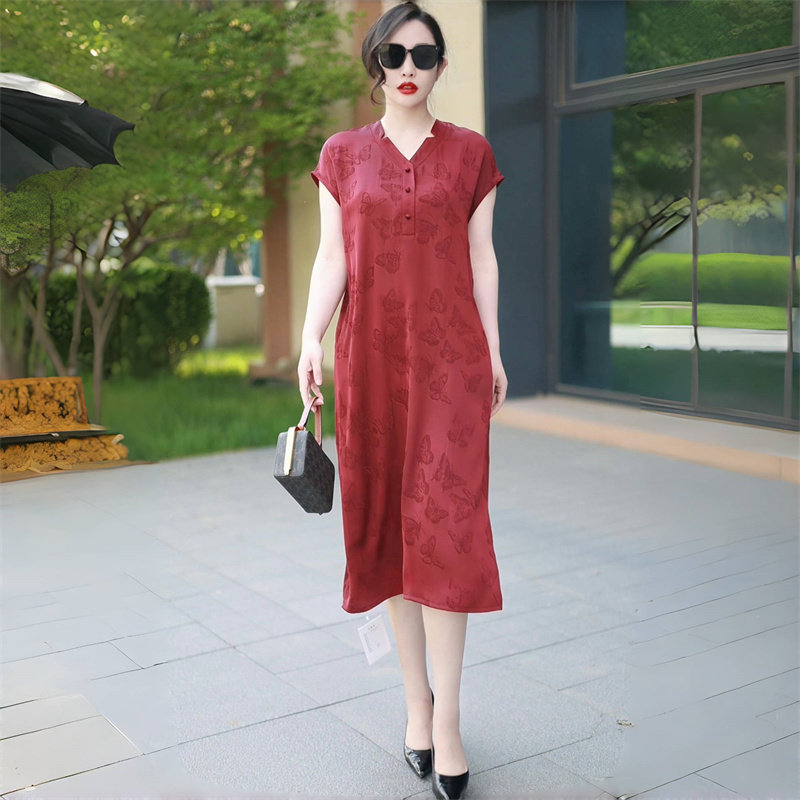 夏季中年妈妈装国风短袖连衣裙时尚气质减龄时尚过膝真丝提花长裙