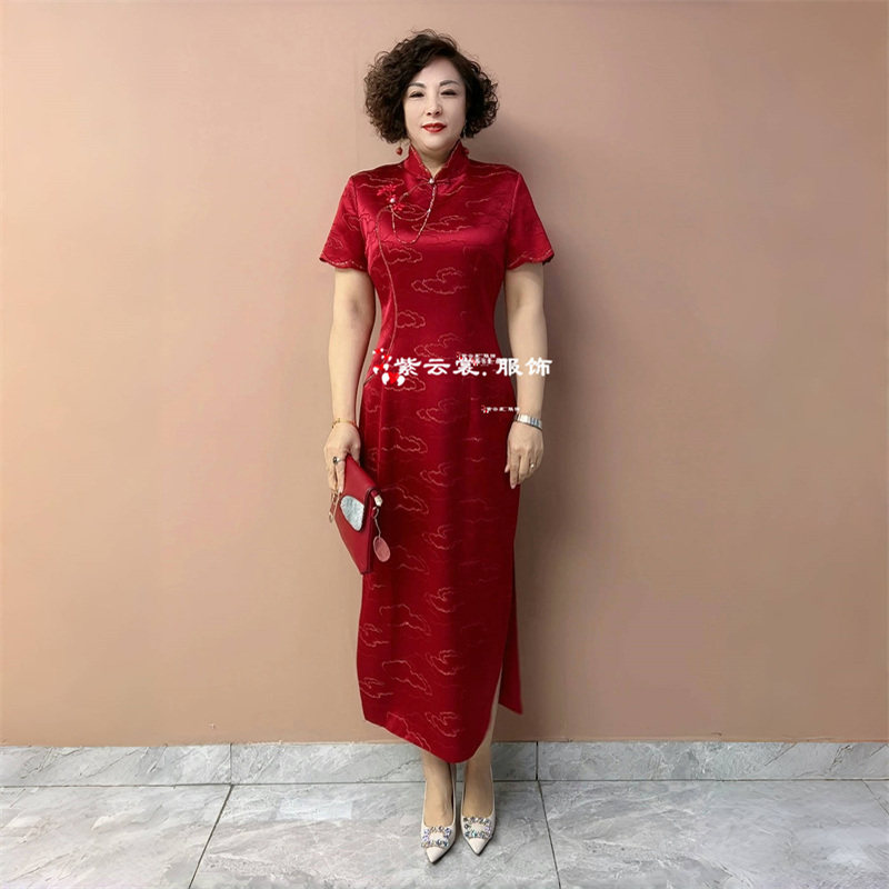 时尚气质高端短袖婚宴妈妈装改良旗袍喜婆婆醋酸提花婚礼连衣裙女