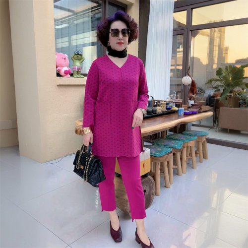 时尚阔太太高端春秋时尚长袖妈妈宽松中长款上衣弹力小脚裤两件套
