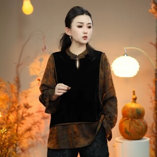 时尚妈妈假两件上衣春装新款喇叭袖丝绒拼接洋气大码休闲打底小衫