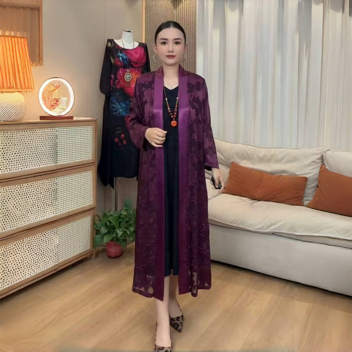 高端气质夏季国风真丝剪花长款外套妈妈薄款防晒大码外披洋气风衣