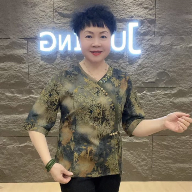 中式夏季真丝时尚中老年妈妈装旗袍衬衫宽松遮肉洋气宽松大码上衣