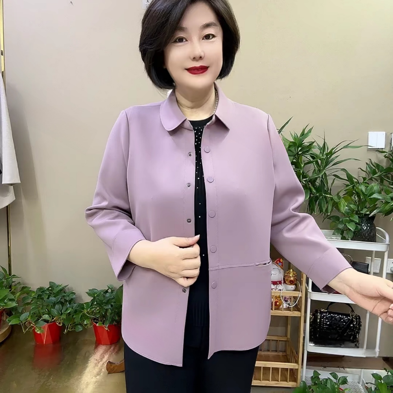 春秋新款空气棉短款小个子妈妈宽松显瘦翻领衬衣大码开衫薄款外套