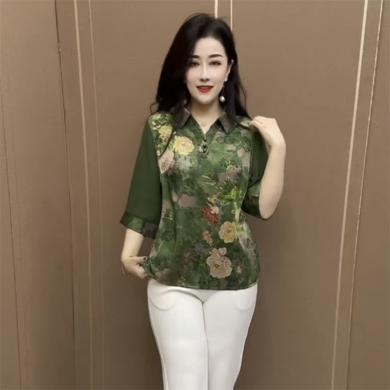 七分袖真丝妈妈装衬衫