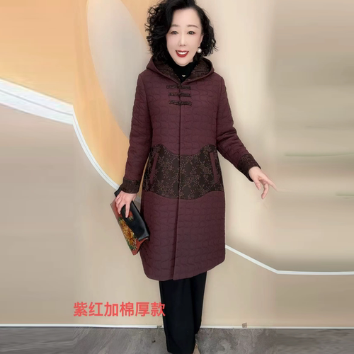 秋冬薄棉保暖连帽大衣女中长款压格设计夹棉外套中老年妈妈装棉服
