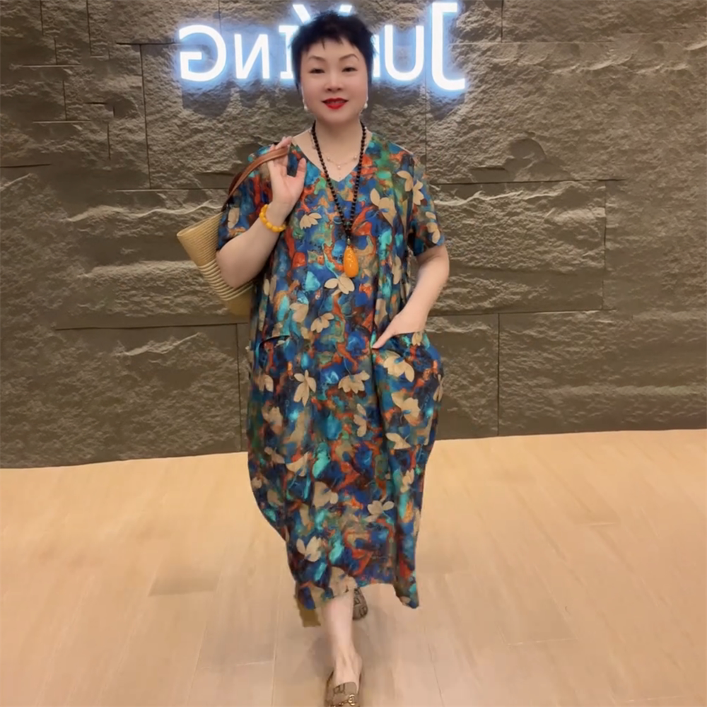 中老年夏装中长款加肥大码宽松休闲百搭印花棉短袖洋气遮肉连衣裙