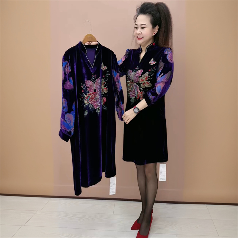 秋冬新款小个子镶钻旗袍年轻中年妈妈装时尚丝绒宽松中长款连衣裙
