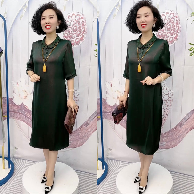 时尚妈妈轻奢真丝缎垂感连衣裙夏季新款刺绣翻领遮肚子大码旗袍裙