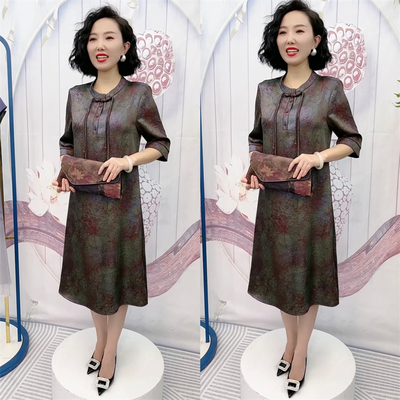 高端夏季真丝提花时尚流苏改良旗袍连衣裙宽松大码遮肚妈妈装长裙