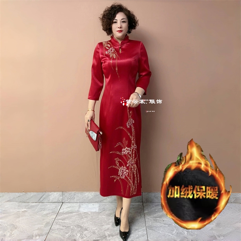妈妈装结婚宴礼服中式旗袍醋酸缎连衣裙喜婆婆宴会敬酒服洋气长裙