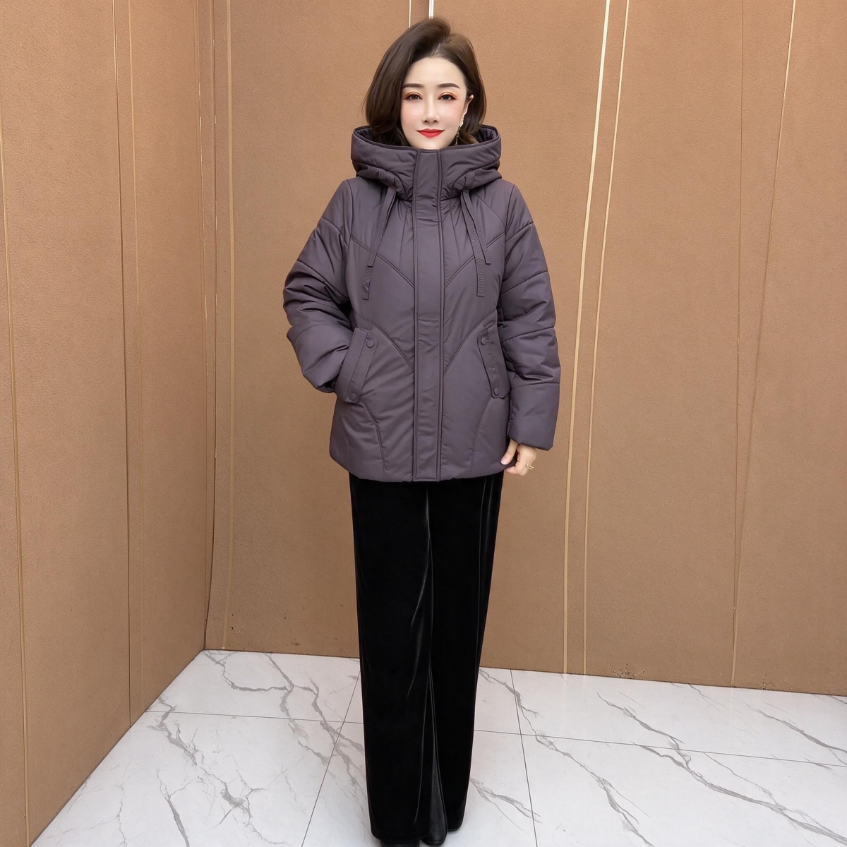 时尚连帽棉服冬季加厚棉袄保暖棉衣妈妈装宽松显瘦气质中长款外套