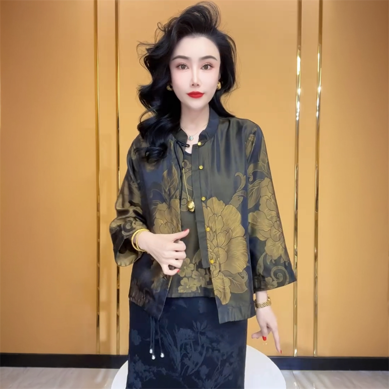 高端气质春夏妈妈国风真丝提花开衫外套+吊带宽松桑蚕丝两件套装