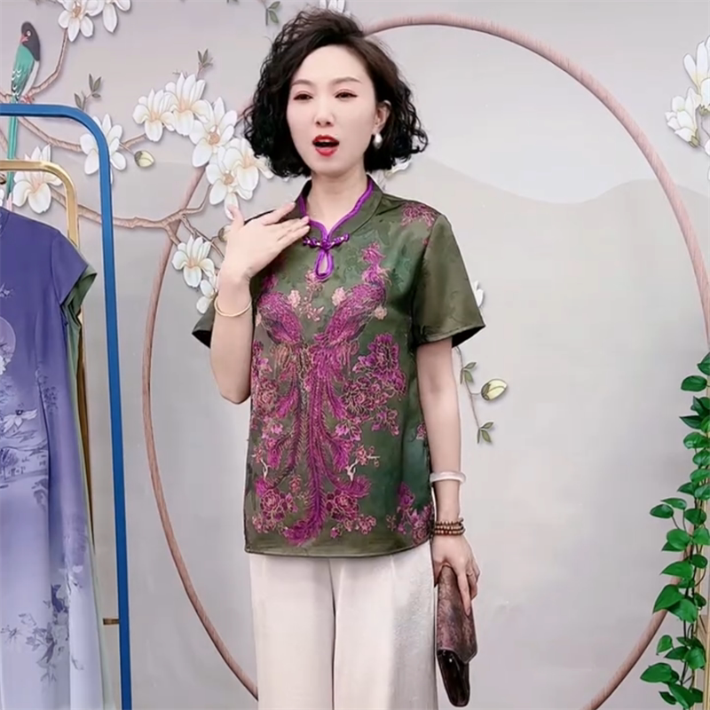 夏季新款短袖洋气立领旗袍衫中老年妈妈装绣花气质百搭国风小衫女