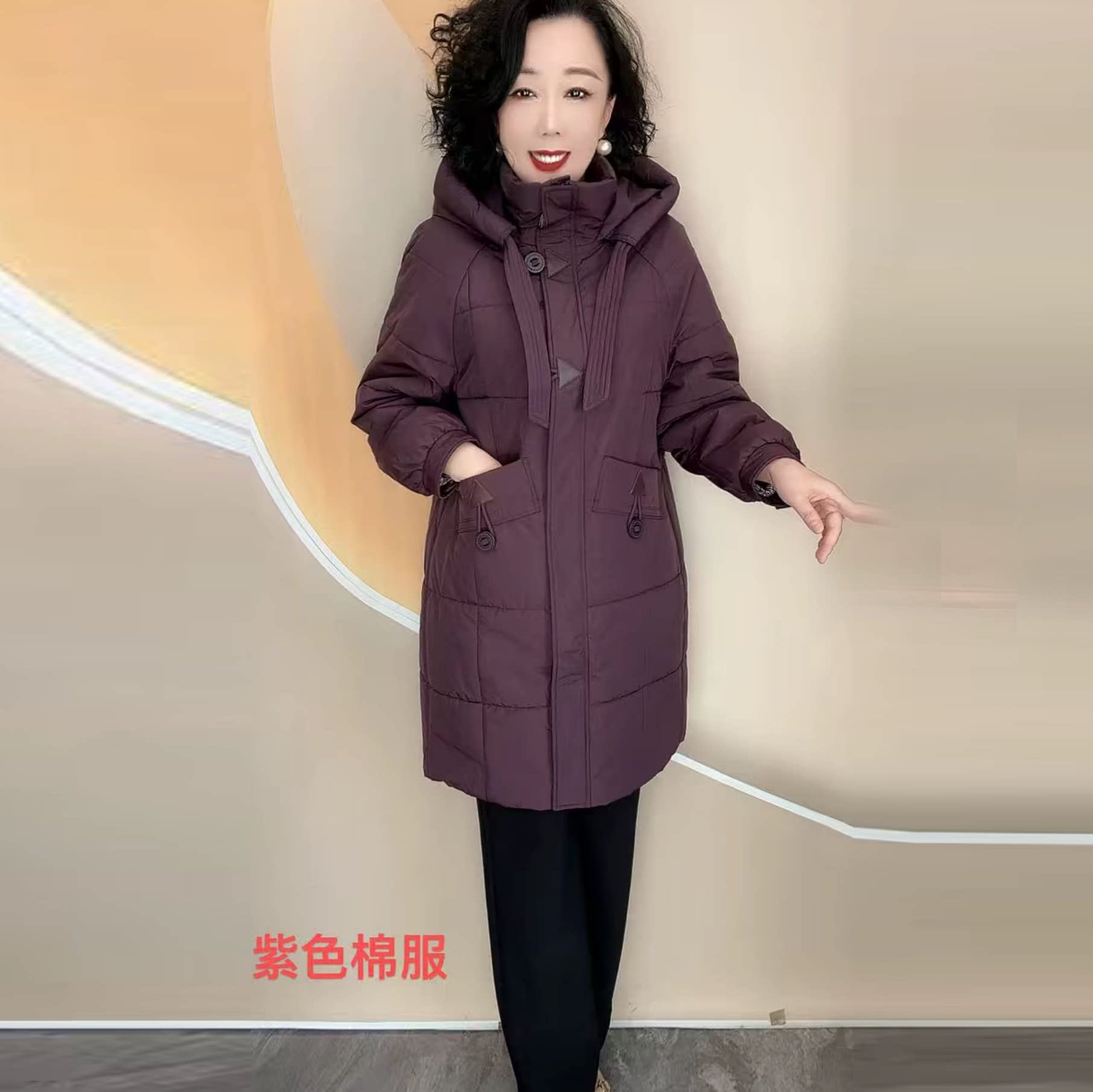 高端冬季新款中长款加厚保暖棉服中老年妈妈时尚宽松大码连帽大衣