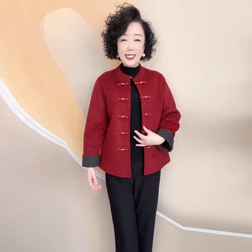 新中式双面绒大衣中老年短款小个子妈妈国风时尚洋气宽松毛呢外套