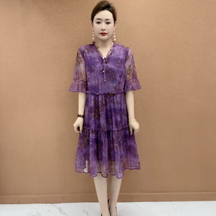 夏季短袖新款连衣裙宽松大码弹力小个子妈妈遮肉显瘦印花中长款裙