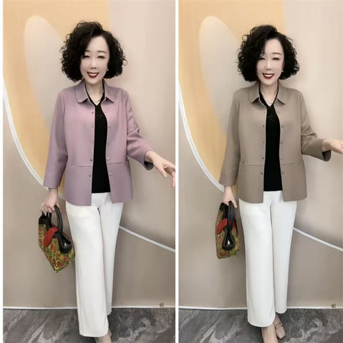 2025春秋新款宽松显瘦妈妈装翻领休闲衬衣弹力大码开衫薄款外套女
