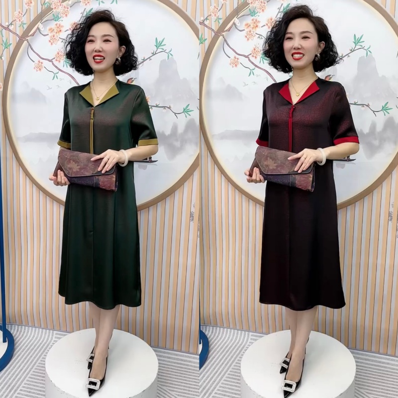 高端时尚洋气大码中年妈妈装真丝短袖连衣裙夏季国风肚子旗袍长裙