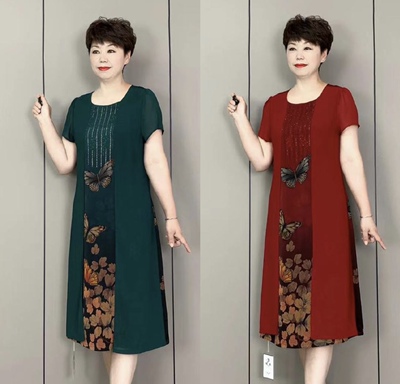 真丝假两件妈妈连衣裙