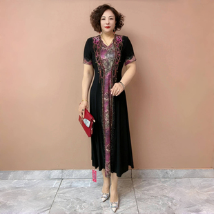 专柜同款气质典雅夏季短袖中年妈妈绣花连衣裙南韩丝弹力收腰长裙