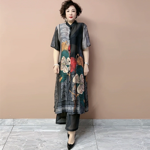 贵夫人高端夏季真丝印花套装时尚洋气妈妈装长款开衫阔腿裤两件套